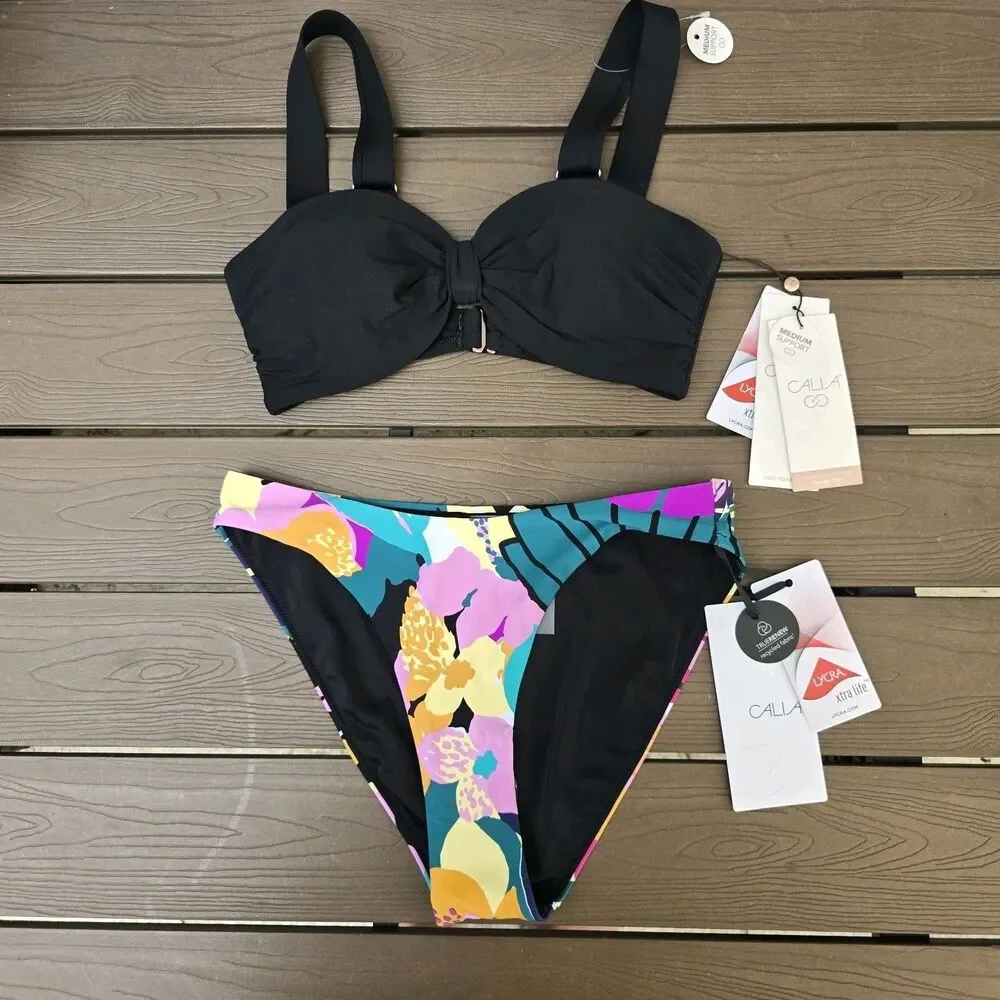 CALIA Women's Black Knot Front Bikini Top & Paradise Low Rise Sz XS New